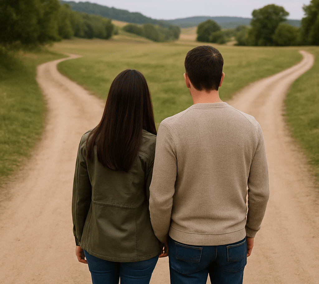 A couple stands side by side on a quiet country road, facing a clear fork where the path splits in two beneath a soft, hazy sky, symbolizing choice and change, and how divorce counselling can help navigate the paths ahead.